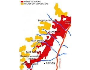 Carte des appellations viticoles Bourgogne Hautes- Côtes de Beaune.