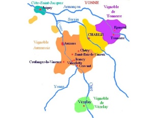 Carte des appellations viticoles de l'Yonne