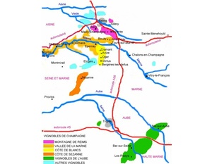 Carte des appellations viticoles de la région Champagne.