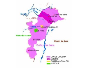 Carte des appellations viticoles du Jura.