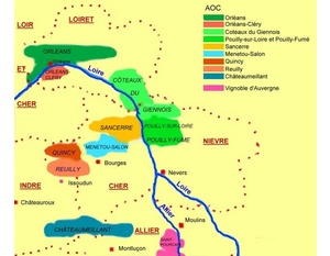 Carte des appellations viticoles de l'Orléanais et du Centre Loire.