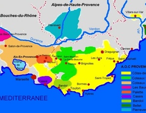 Carte des appellations viticoles de Provence.