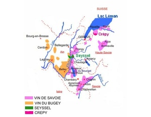 Carte des appellations viticoles de Savoie-Bugey