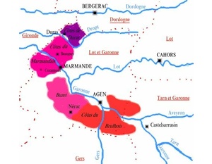 Carte des appellations viticoles du Lot et Garonne.