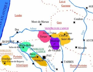 Carte des appellations viticoles de la région Gascogne et Pyrénées