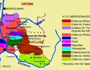 Carte des appellations viticoles des Côtes-du-Rhône méridionales.