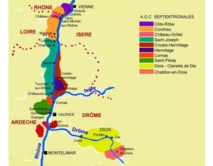 Carte des appellations viticoles des Côtes-du-Rhône septentrionales et du Diois. 